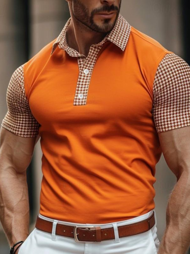  Herren Poloshirt Golfhemd Casual Festtage Kargen Kurzarm Modisch Basic Farbblock Hahnentrittmuster Patchwork Sommer Regular Fit Orange Poloshirt
