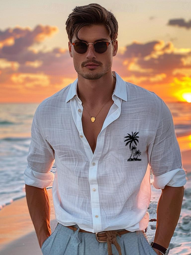  cămașă bărbătească cămașă de in arbore de nucă de cocos cămașă casual cu nasturi de la modă hawaiană vacanță hawaiană de zi cu zi, primăvară și toamnă, rever cu mânecă lungă, cămașă albă 55% in 45% bumbac