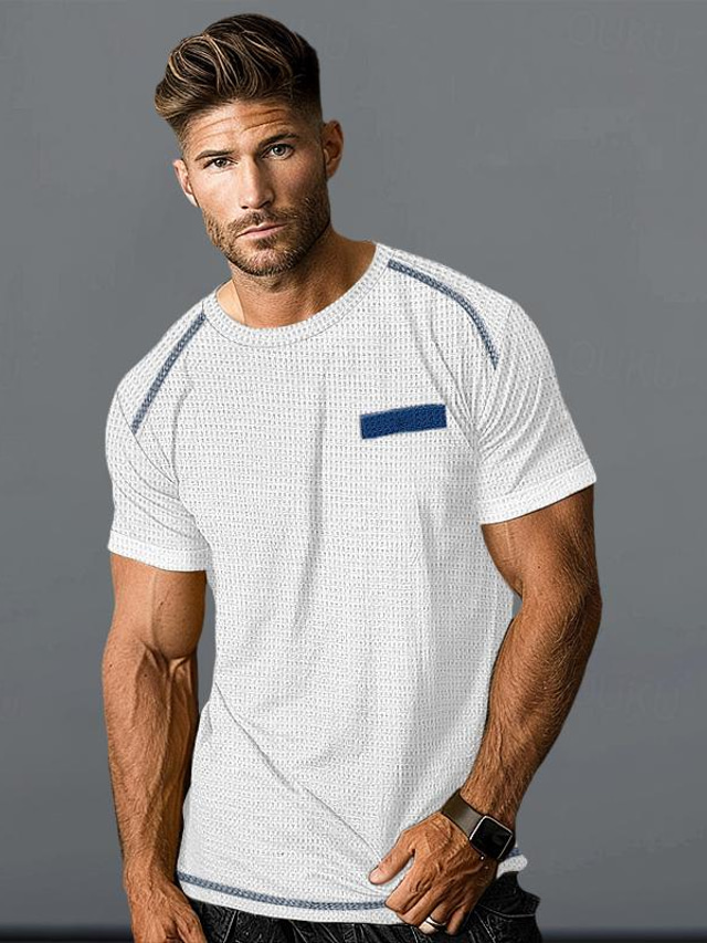  Herren T Shirt Waffel-Shirt Feste Farbe Rundhalsausschnitt Normal Kurzarm Vordertasche Bekleidung Täglich Sport Designer