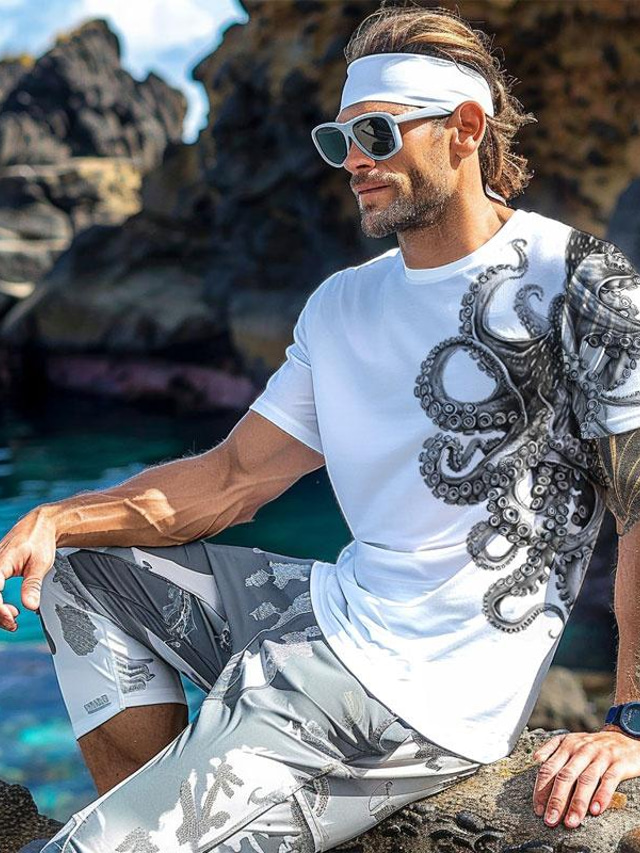  Carefree Interlude x Joshua Jo Herren-Kurzarm-T-Shirts mit Oktopus-Print für den Urlaub