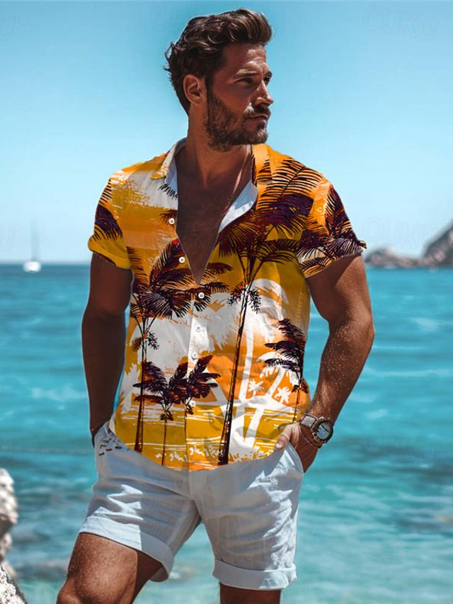  Palmera Vacaciones Hawaiano Hombre Camisa Exterior Hawaiano Festivos Verano Cuello Vuelto Manga Corta Azul Naranja S M L Camisa