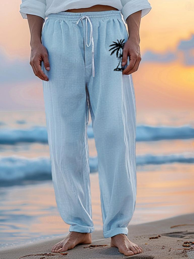  Men's Linen Pants 40% Linen Trousers Summer Pants Beach Pants Drawstring Elastic Waist Straight Leg Coconut Tree Breathable Full Length Vacation Beach Fashion Casual Blue Brown