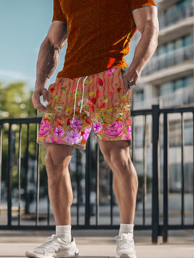  Per uomo Pantaloncini da sudore Pantaloncini da spiaggia A cordoncino Vita elastica Stampa 3D Piante Morbido Breve Giornaliero Per eventi Abbigliamento di strada Informale Athleisure Arancio sfumato