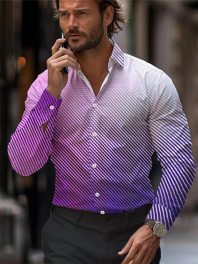  Stripe Gradual Men's Business Casual 3D Printed Shirt Street Wear to work Daily Wear Spring & Summer Turndown Long Sleeve Blue Purple S M L 4-Way Stretch Fabric Shirt
