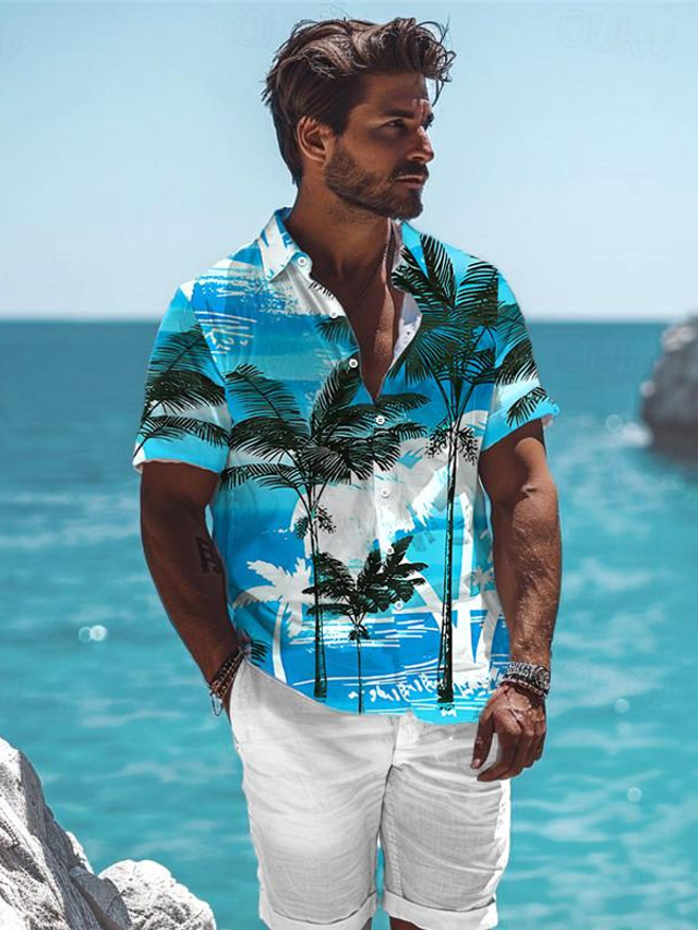  Пальма Отпуск Гавайский Муж. Рубашка на открытом воздухе Гавайский Праздники Лето Отложной С короткими рукавами Синий Оранжевый S M L Рубашка