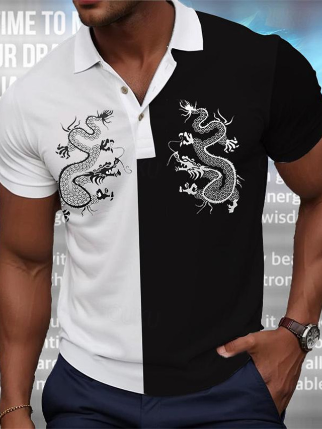  дракон-хранитель х Лу | Мужская уличная одежда-поло в темном стиле с мифическим существом Dragon Loong и короткими рукавами