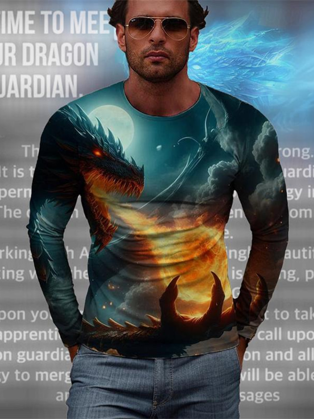  dragão guardião x lu | Camiseta masculina 3d dragão criatura mítica estilo escuro streetwear manga comprida