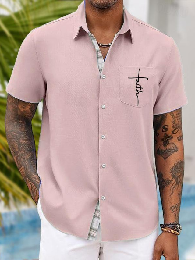  Faith Men's Resort Hawaiian 3D Printed Shirt Holiday Daily Wear Vacation Summer Turndown Short Sleeves Pink Blue Green S M L Slub Fabric Shirt