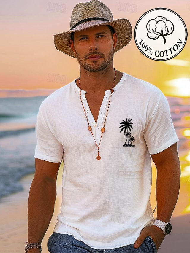  camisa gráfica masculina henley coqueiro branco azul cinza camiseta 100% algodão camisa clássica da moda manga curta camiseta confortável férias de rua roupas de grife de moda de verão