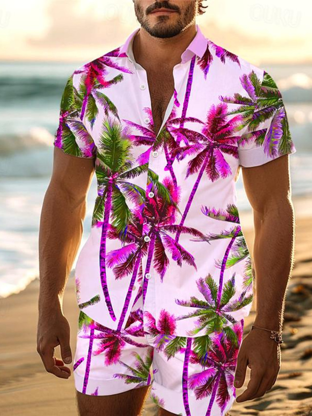  Palm Tree Tropical Men's Resort 3D Printed Hawaiian Shirt And Shorts Set Regular Fit Short Sleeve Beach Shirts Suits Caribbean Summer Vacation Daily Wear S TO 3XL