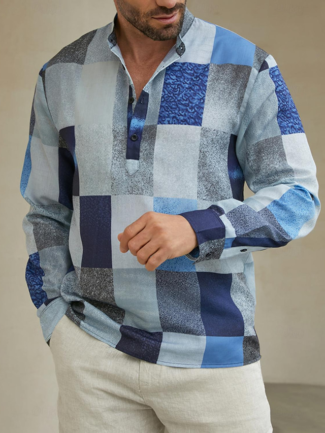  Voor heren Overhemd Normaal shirt Geruit overhemd Geruit Grafische prints Geometrie Opstaand blauw Buiten Straat Lange mouw Afdrukken Kleding Modieus Streetwear Ontwerper Casual