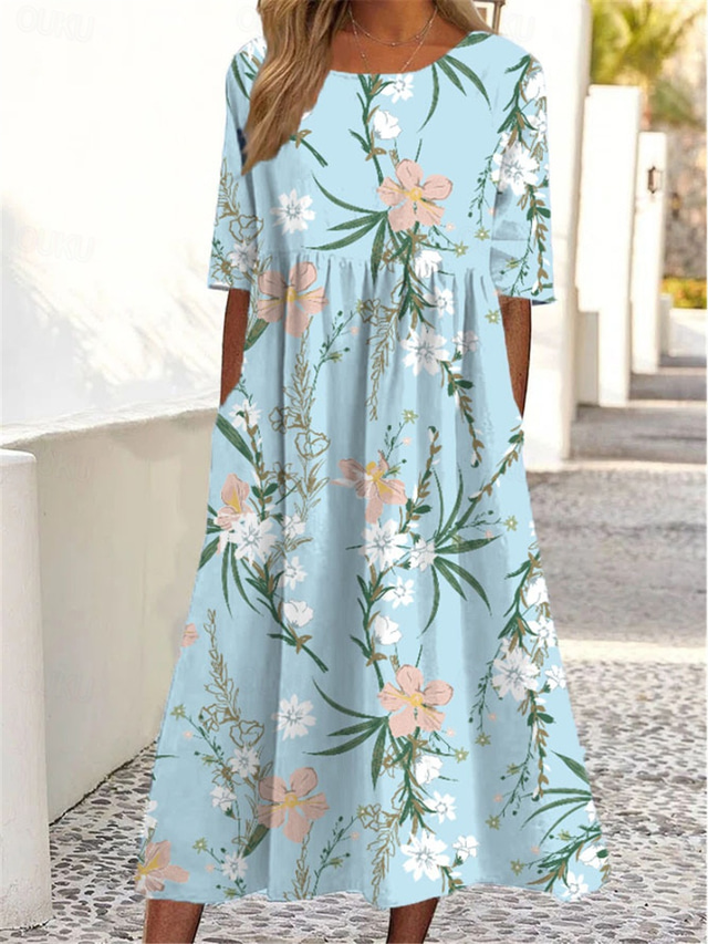  Women's Maxi Dress Floral Print Short Sleeve Round Neck Light Blue Casual Elegant Spring Summer Garden Party Beachwear Full Size Clothing Apparel