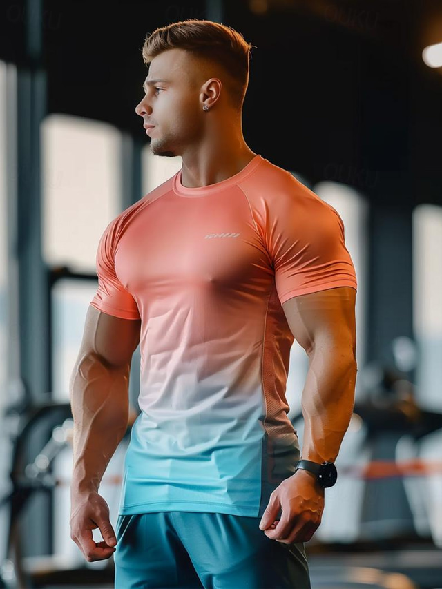  Men's T shirt Tee Gym Shirt Sports T-Shirt Crew Neck Short Sleeve Sports & Outdoor Vacation Casual Daily Gym Quick dry Breathable Color Block Orange Activewear Fashion Basic