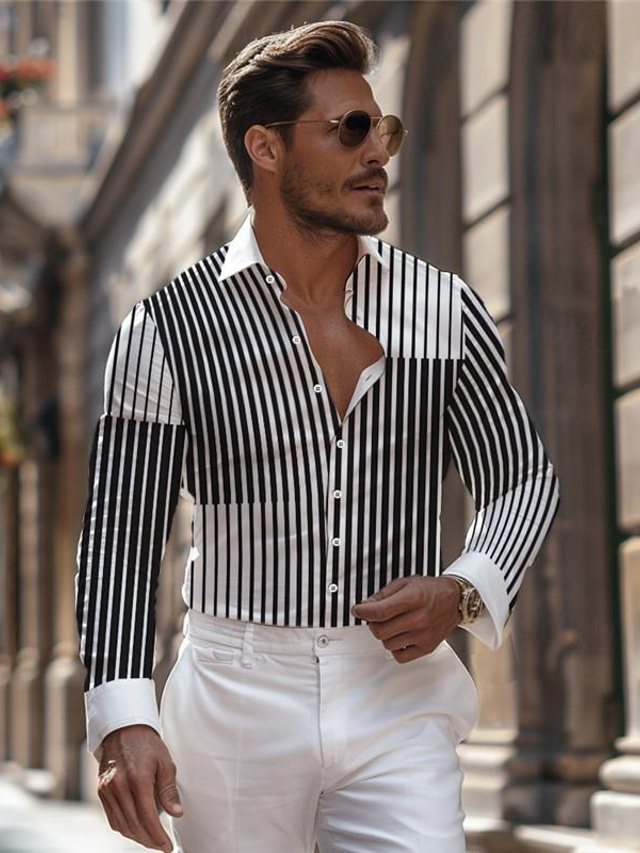  Stripe Men's Business Casual 3D Printed Shirt Street Wear to work Daily Wear Spring & Summer Turndown Long Sleeve Black S M L 4-Way Stretch Fabric Shirt
