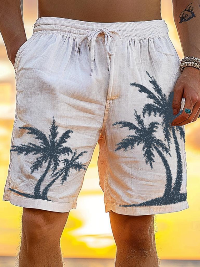  Men's Shorts Linen Shorts Summer Shorts Beach Shorts Drawstring Elastic Waist Print Graphic Prints Comfort Breathable Short Daily Vacation Going out 40% Linen Fashion Hawaiian White