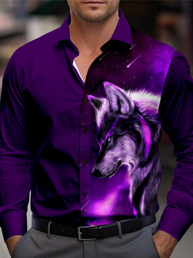  Wolf Men's Fashion Casual 3D Printed Shirt Outdoor Street Vacation Spring & Summer Turndown Long Sleeve Purple S M L 4-Way Stretch Fabric Shirt