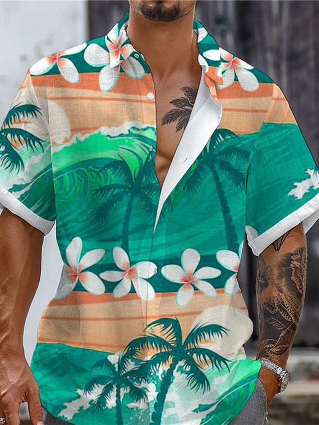  Homens Palmeira Camisa Social Camisa havaiana Manga Curta Camisa Aberto para a Lateral Férias Havaiana Estilo resort Ao ar livre Férias Praia Vermelho Azul Verde S M L