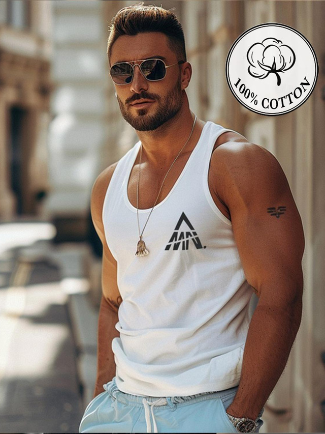  Men's Graphic T shirt  Letter Fashion Outdoor Casual Tee Undershirt Tee Top Street Casual Daily T shirt White Blue Sleeveless Crew Neck Shirt Spring & Summer Clothing Apparel