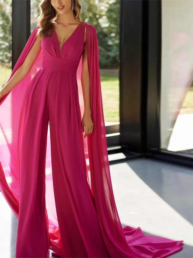  Jumpsuit / Pantsuit Mother of the Bride  Formal Wedding Guest Elegant Vintage V Neck Floor Length Detachable Chiffon Sleeveless with Pleats Solid Color free custom size