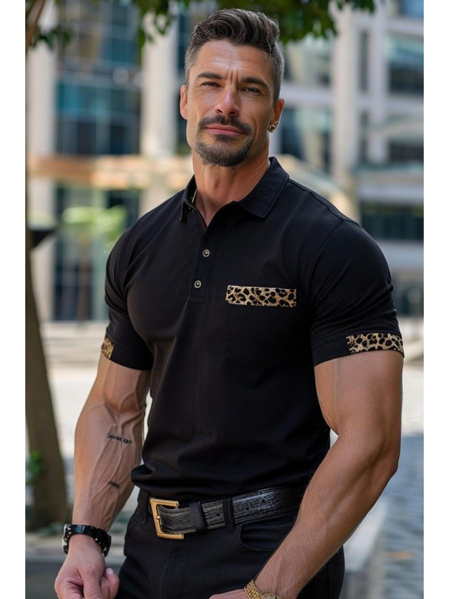  Men's Polo Golf Shirt Business Casual Classic Short Sleeve Fashion Solid Color Leopard Pocket Summer Spring Regular Fit Black Polo