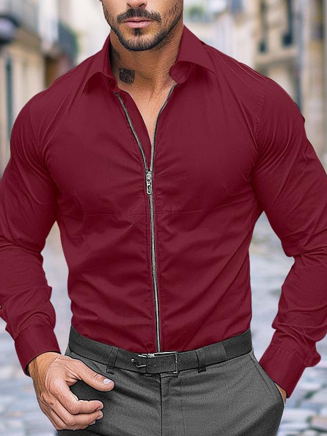  Men's Shirt Casual Shirt Summer Shirt White Navy Blue Red & White Long Sleeve Plain Lapel Daily Vacation Zip Up Clothing Apparel Fashion Casual Smart Casual