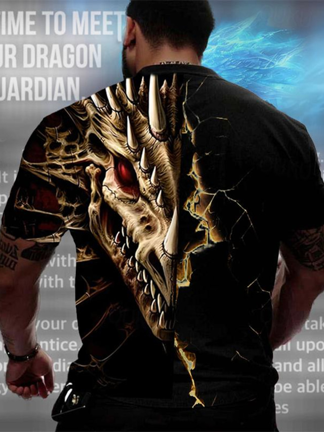  dragão guardião x lu | Camiseta masculina 3d dragão criatura mítica estilo escuro streetwear manga curta