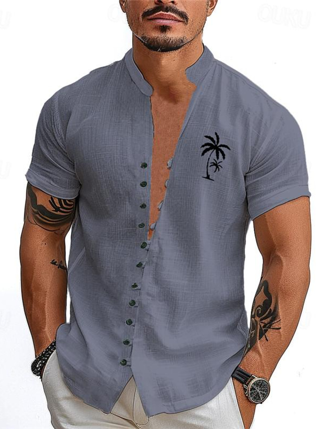  Palm Tree Men's Resort Hawaiian 3D Printed Shirt Holiday Daily Wear Vacation Summer Standing Collar Short Sleeves Blue Green Khaki S M L Polyester Shirt