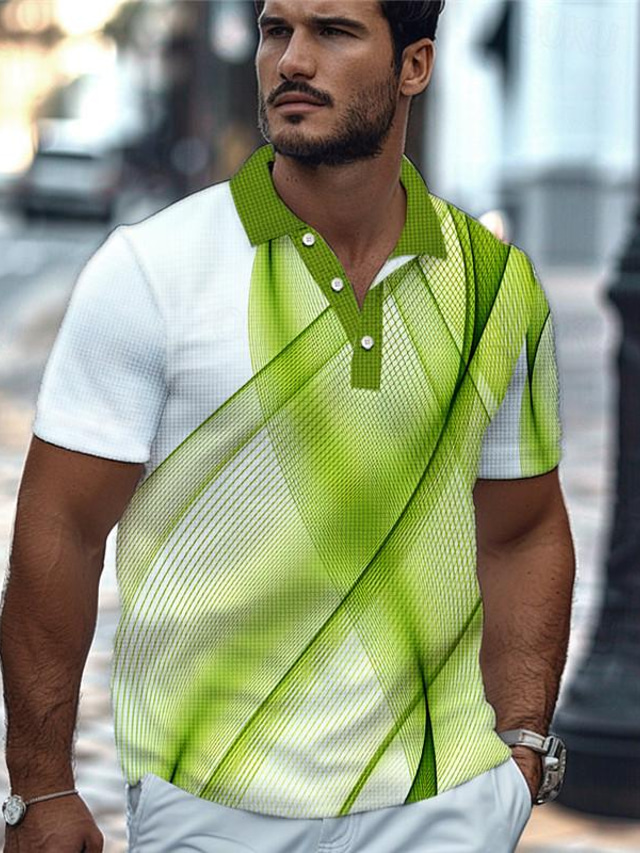  Optical Illusion Geometry Men's Fashion Casual 3D Print Waffle Polo Shirt Outdoor Street Daily Wear Polyester Short Sleeve Turndown Polo Shirts Green Gray Summer S M L Micro-elastic Lapel Polo