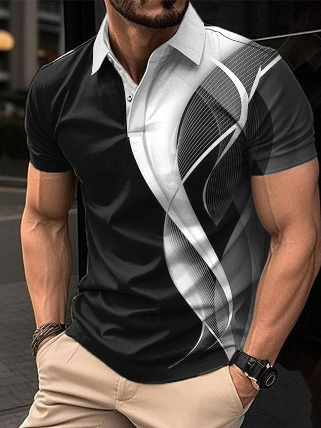  Optical Illusion Men's Fashion Casual 3D Print Polo Shirt Sports & Outdoor Vacation Streetwear Milk Fiber Short Sleeve Turndown Polo Shirts Black White Summer S M L Micro-elastic Lapel Polo