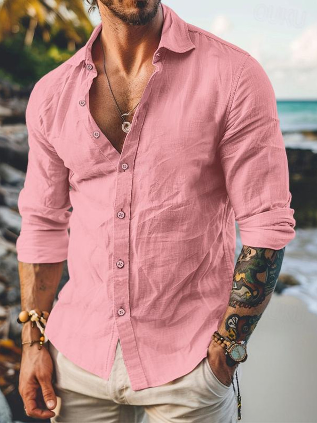  Homens camisa de linho Camisa Social camisa de botão Camisa casual camisa de verão Preto Branco Rosa Manga Longa Tecido Lapela Primavera Verão Diário Férias Roupa
