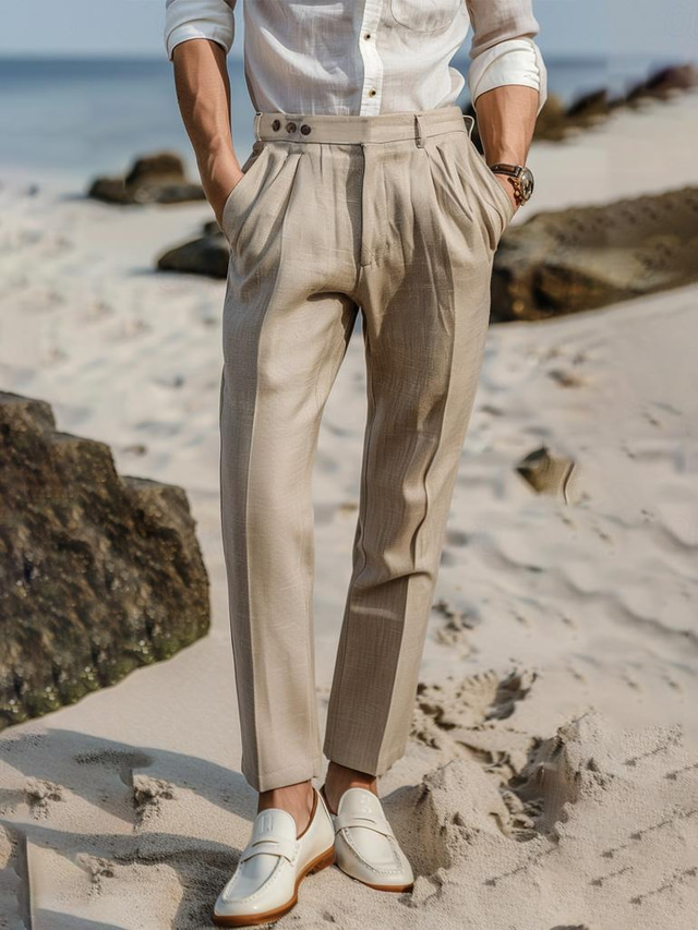  Men's Linen Pants Trousers Summer Pants Front Pocket Pleats Straight Leg Plain Comfort Breathable Casual Daily Holiday Fashion Basic Beige