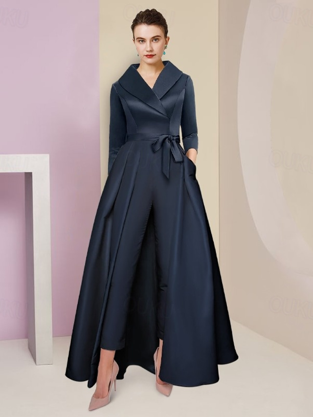  TS Jumpsuit / Pantsuit Mother of the Bride Dress Tuxedo Dress Formal Wedding Guest Elegant Party Simple Shirt Collar Ankle Length Satin 3/4 Length Sleeve with Bow(s) 2025 free custom size