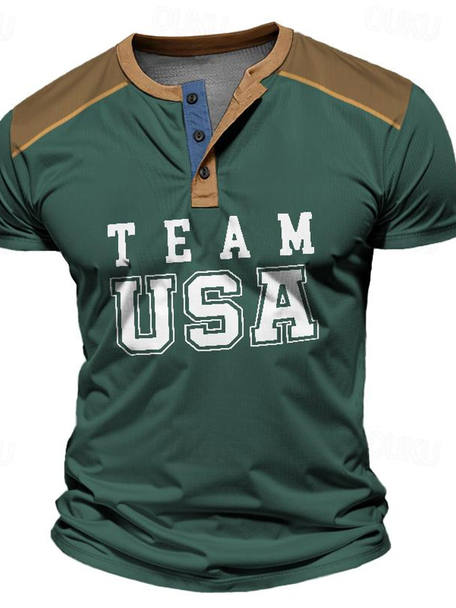  Team USA Men's Vintage Street Style 3D Print Henley Shirt Waffle T Shirt Sports Outdoor Casual Holiday T shirt Black Navy Blue Brown Short Sleeve Henley Shirt Spring & Summer Clothing