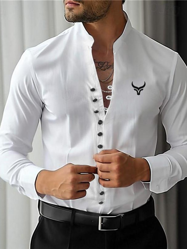  Herren Waschbarer Baumwollstoff Grafik-Shirt Kuh Bedruckt Button-Down Langarm Stehkragen Weiß Hemd Tragen Sie, um zu arbeiten Freizeitskleidung Ausgehen