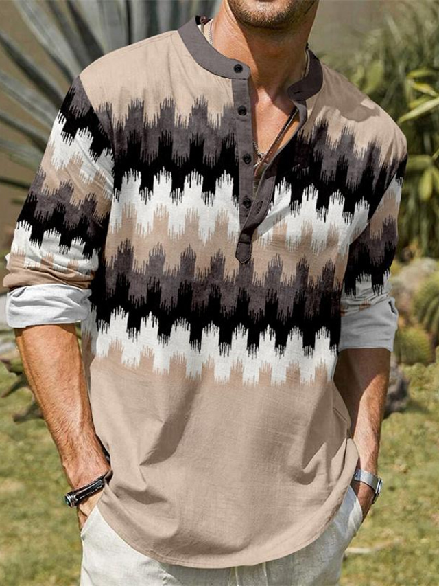  Geometry Tribal Men's Linen Shirt Shirt Daily Wear Vacation Going out Spring &  Fall Stand Collar Long Sleeve Khaki S, M, L Slub Fabric Shirt