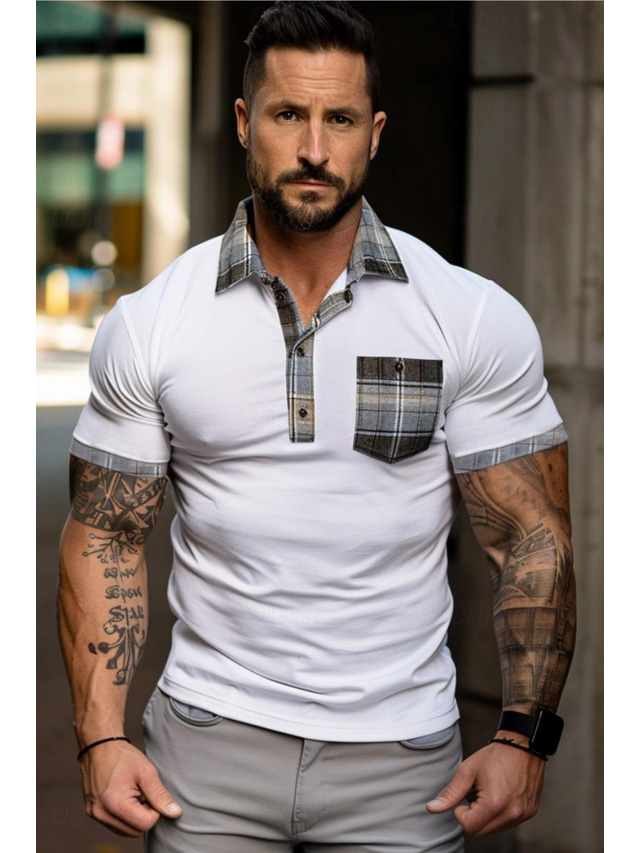  Men's Polo Golf Shirt Business Casual Classic Short Sleeve Fashion Solid Color Plaid Checkered Button Pocket Summer Spring Regular Fit White Polo