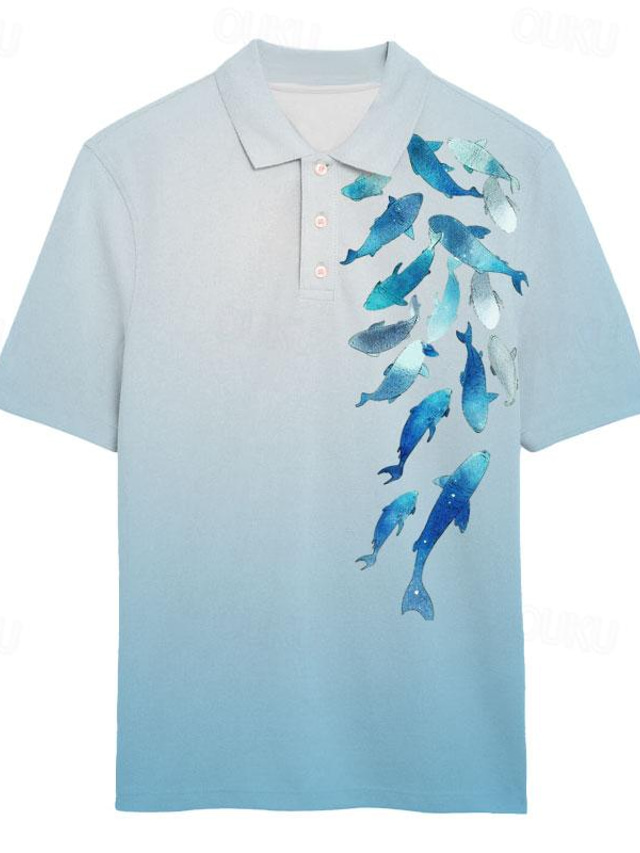  Sorgloses Interlude x Joshua Jo Kurzarm-Poloshirt mit „School of Fish“-Aufdruck für den Urlaub