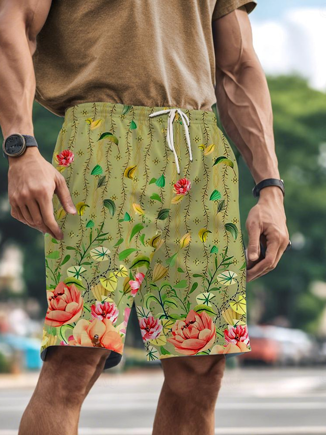  Herr Svett shorts Beach Shorts Snörning Elastisk midja 3D-utskrift Växter Mjuk Kort Dagligen Helgdag Streetwear Ledigt Fritids- Gradient orange Grön Microelastisk
