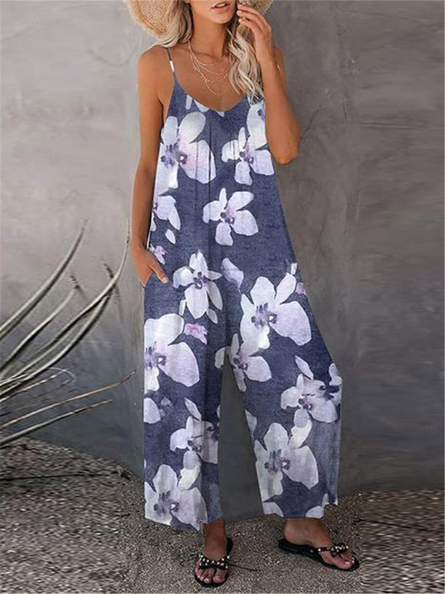  Women's Normal Jumpsuit Streetwear Floral Sleeveless U Neck Print Street Daily Regular Fit Khaki Gray Summer