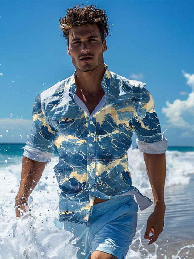  Carefree interlude x joshua jo camisas de manga larga para vacaciones con estampado de ondas para hombre