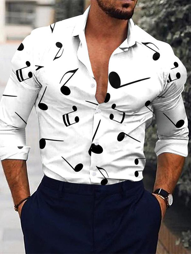  Graphic Musical Notes Comfortable Fashion Casual Men's Shirt Button Up Shirt Casual Shirt Holiday Vacation Casual Daily Spring &  Fall Turndown Long Sleeve Black, White, Orange S, M, L Polyester Shirt