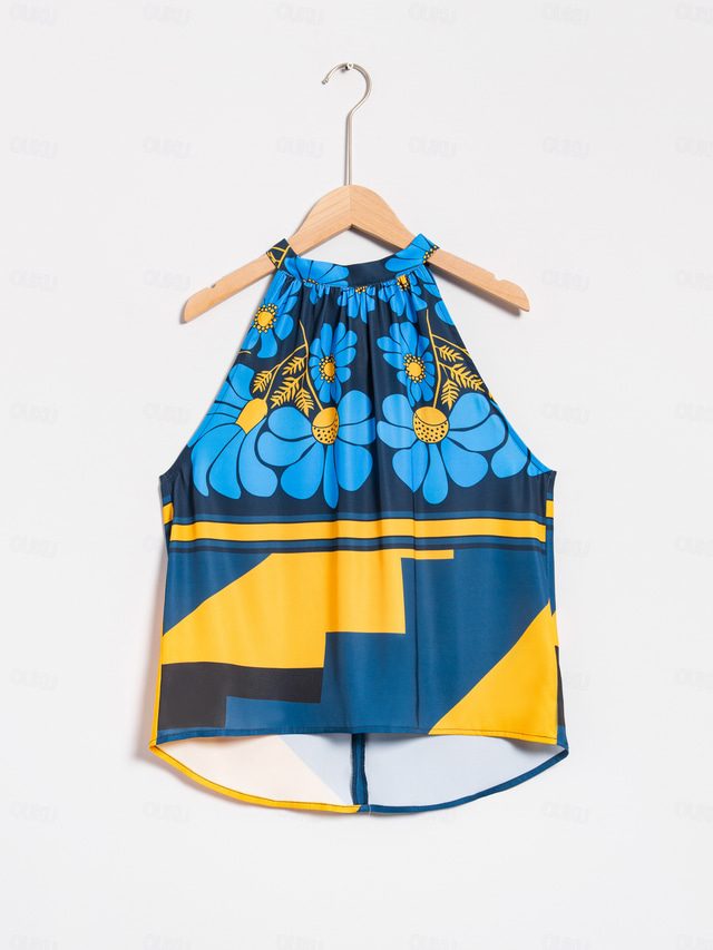  Women's Geometic Flower / Plants Vacation Weekend Sleeveless Blue Ruched Tie back / Tie front Sleeveless Blouses Tied Neck Summer