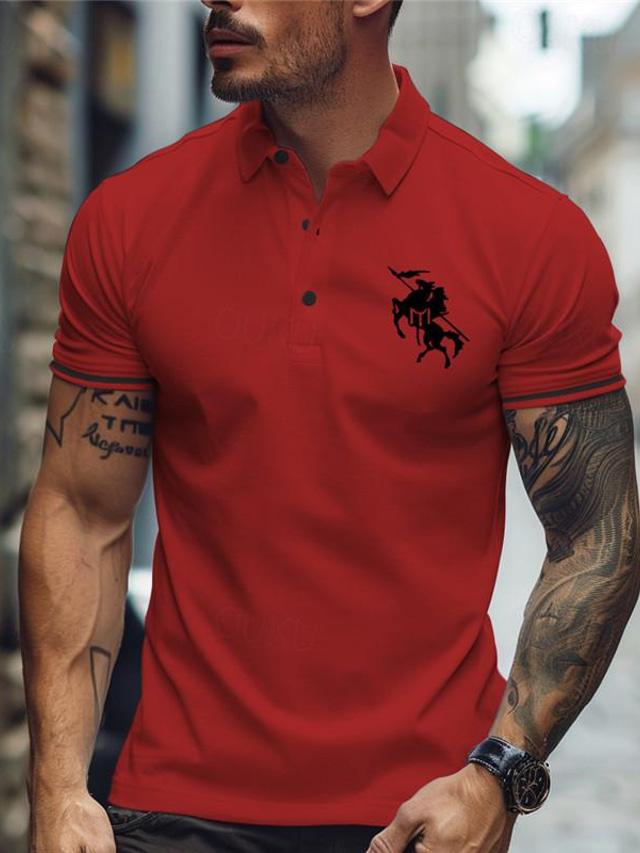  Horse Men's Business Casual 3D Print Polo Shirt Outdoor Street Wear to work Milk Fiber Short Sleeve Turndown Polo Shirts Black And White Black Summer S M L Micro-elastic Lapel Polo