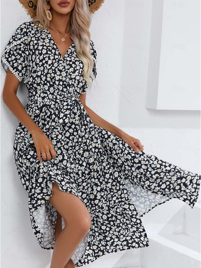  Damen Midikleid schwarzes kleid Casual kleid Schaukelkleid Sommerkleid Elegant Böhmen Kuschelig Hochzeit Urlaub Party Lockere Passform Blumen Ditsy Blumig Kurzarm V Ausschnitt Schwarz und Weiß Wei