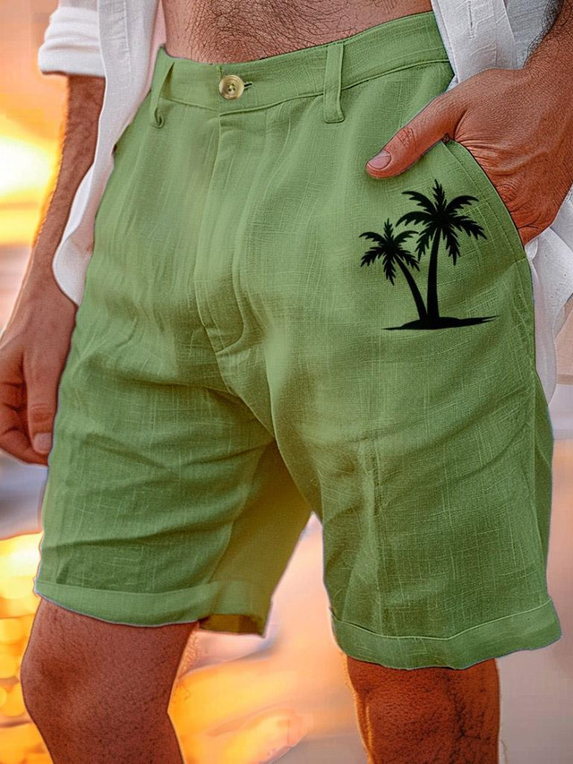  pantaloni scurți bărbați pantaloni scurți din in pantaloni scurți de vară pantaloni scurți de plajă cu șnur cu talie elastică imprimeu cocos confort scurt vacanță zilnică la plajă 30% lenjerie modă vacanta verde armat alb
