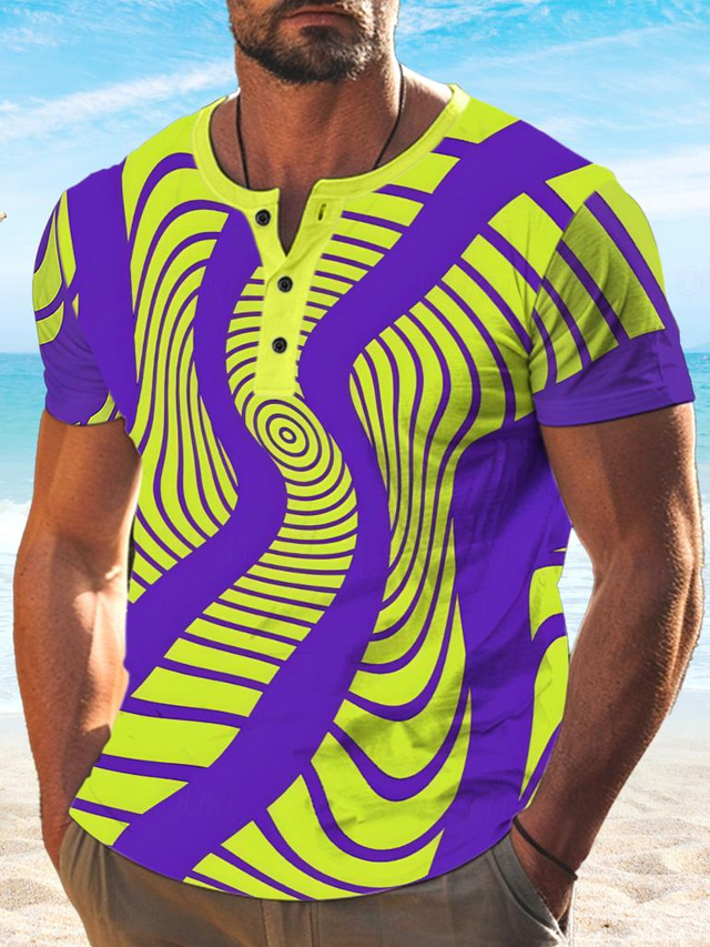  kolorowe wakacje x Designerska męska koszulka z iluzją optyczną Henley z krótkim rękawem, zapinana na guziki