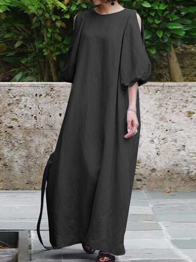  Pentru femei Negru Mov Deschis Kaki Vară Primăvară Toamnă Rochie Maxi Rochii de in bumbac Rochie neagra Rochie de epoca Elegant Boemia Modă Balon / Puf Vacanță Birou Zilnice Potrivire Largă Stil