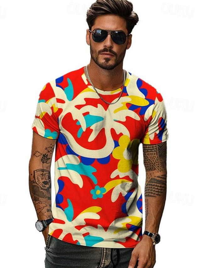  Buntes Herren-T-Shirt mit Palmen-Aufdruck von Holiday x Designer Kris, Rundhals-Kurzarm-T-Shirt