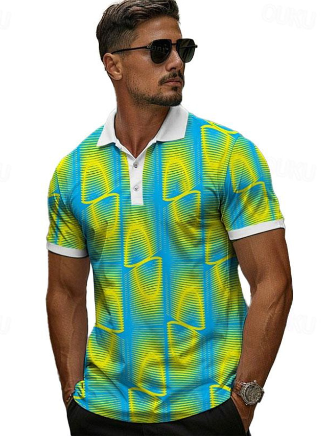  カラフルなホリデー x デザイナー クリス メンズ ジオメトリ プリント 半袖 ポロシャツ
