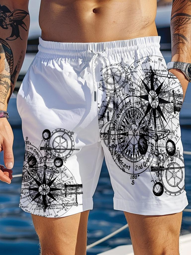  Men's Shorts Pocket Drawstring Print Ocean Breathable Quick Dry Short Outdoor Casual Daily Vacation Holiday White Micro-elastic